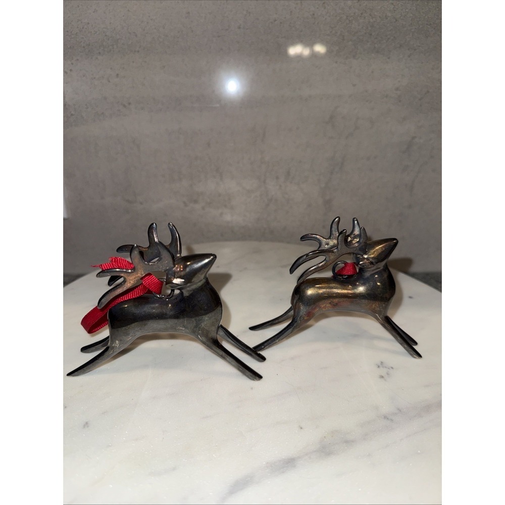 Pair Pottery Barn Silver Plated REINDEER Christmas Ornament with Red Ribbon